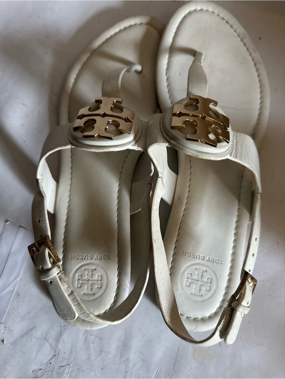 Tory Burch White Sandals with Gold Logo Accent
